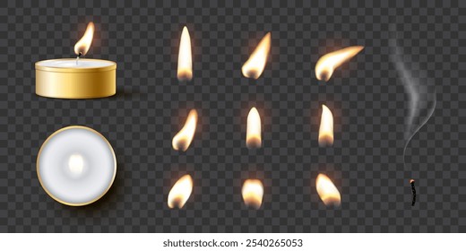 Candle flames. Candlelight fires vector illustration set. Realistic flame light on wick of candlestick, small romantic glow flare in night, collection isolated on transparent background.