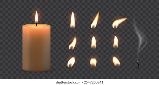 Candle flames. Candlelight fires vector illustration set. Realistic flame light on wick of candlestick, small romantic glow flare in night, collection isolated on transparent background.