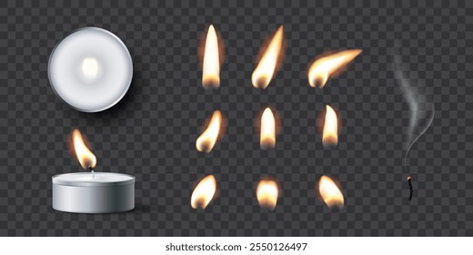 Candle flames. Candlelight fires vector illustration set. Realistic flame light on wick of candlestick, small romantic glow flare in night, collection isolated on transparent background.