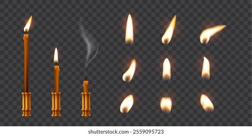 Candle flames. Candlelight fires vector illustration set. Realistic flame light on wick of candlestick, small romantic glow flare in night, collection isolated on transparent background.