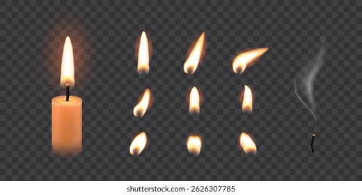 Candle flames. Candlelight fires vector illustration set. Realistic flame light on wick of candlestick, small romantic glow flare in night, collection isolated on transparent background.