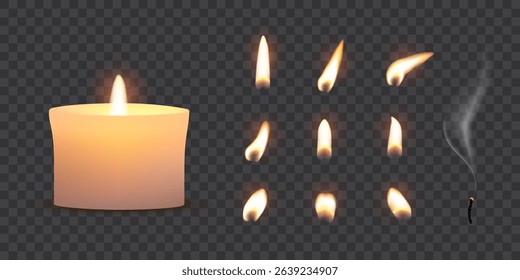 Candle flames. Candlelight fires vector illustration set. Realistic flame light on wick of candlestick, small romantic glow flare in night, collection isolated on transparent background.