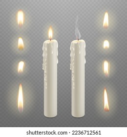 Candle flames realistic burn. Lights wax candles, yellow fire flame animation. 3d holiday elements for memorial day, christmas, birthday, pithy vector set
