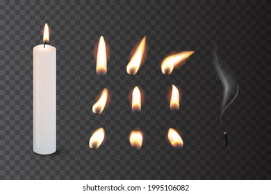 Candle and flames set isolated on transparent background. Candlelight in motion vector illustration. Romantic tall melted candlestick or holiday home decoration for Christmas or wedding.