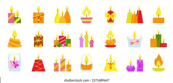 Candle flat icons set. Burning flame symbol. Light sign. Birthday, festive, halloween, christmas, church wax decoration, holiday glow fire. Candlelight, romantic lighting. Isolated vector illustration