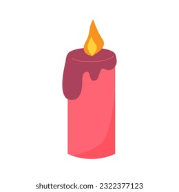 Candle flat vector illustration. Burning decorative pink wax candle isolated on white background. Relaxation, resting and aromatherapy design element