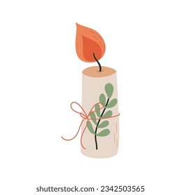 Kerze mit floralem Design, rustikale Dekoration. Die dekorative Wachkerze für Entspannung und Wellness. Konzept des hellen Lebensstils. Handgezeichnete, flache Vektorgrafik.