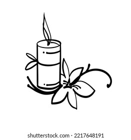 Candle and flower. Spa accessories of the spa salon. A simple icon. Graphic element for stickers, posters, stickers, postcards, etc.. Hand-drawn illustration of the vector of doodles.