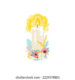 A candle in flowers with ears of wheat. Vector illustration in simple hand drawn style. Isolate on a white background in pastel colors