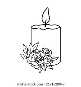 Kerze mit Blumen, handgezeichnet. Vektorgrafik, die Kerzen verbrennt, einzeln auf weißem Hintergrund