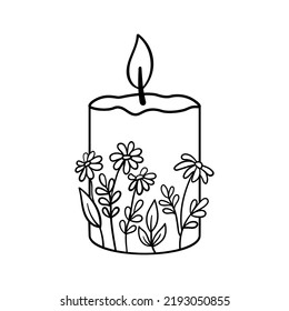 Candle with flowers hand drawn. Vector burning candle sketch isolated on white background for coloring book