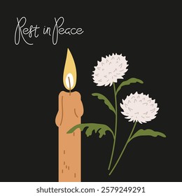 Candle and flowers with rest in peace message for remembrance and tribute