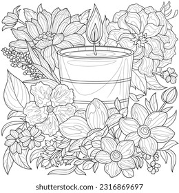 Candle and flowers.Coloring book antistress for children and adults. Illustration isolated on white background.Zen-tangle style. Hand draw - Shutterstock ID 2316869697