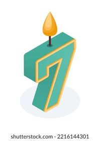 Candle in form of seven. Decoration for cupcakes with number 7. Party, disco. Decor element for dessert and delicacy. Birthday and wedding anniversary symbol. Cartoon isometric vector illustration