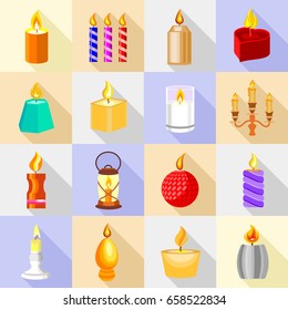 Candle forms icons set flame light. Cartoon illustration of 16 candle forms flame light vector icons for web