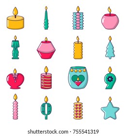 Candle forms icons set light. Cartoon illustration of 16 candle forms flame light vector icons for web