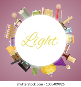 Candle frame vector illustration. Wax candles for xmas party, romantic heat candlelight flame and lit flaming nightlight in glass. Flames for birthday cake or hanukkah decoration.