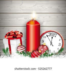 Candle with gift, baubles and clock on the wooden background. Eps 10 vector file.