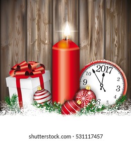 Candle with gift, baubles and clock on the wooden background. Eps 10 vector file.