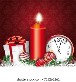 Candle with gift, baubles and clock on the red background. Eps 10 vector file.