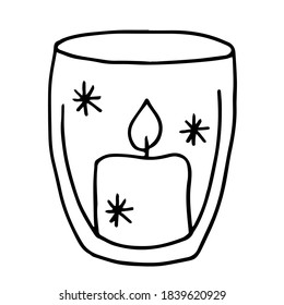 A candle in a glass glass candlestick.  Decorated with snowflakes.  For the holidays.  Vector drawing.