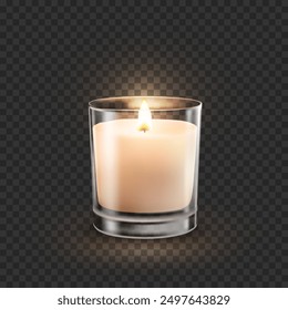 Candle in glass jar with burning flame light isolated on transparent background. Vector 3D realistic wax candlelight element design