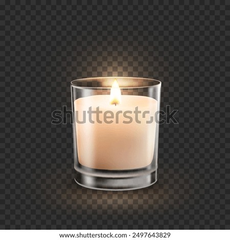Candle in glass jar with burning flame light isolated on transparent background. Vector 3D realistic wax candlelight element design