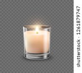 Candle with glass jar isolated on transparent background. Aromatic wax round spa candle with burning flame light. Vector 3D realistic candlelight element design.