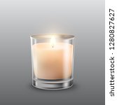 Candle with glass jar isolated on gray background. Aromatic wax round spa candle with burning flame light. Vector 3D realistic candlelight element design.