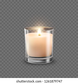 Candle With Glass Jar Isolated On Transparent Background. Aromatic Wax Round Spa Candle With Burning Flame Light. Vector 3D Realistic Candlelight Element Design.