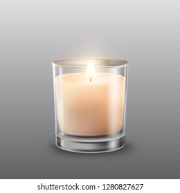 Candle with glass jar isolated on gray background. Aromatic wax round spa candle with burning flame light. Vector 3D realistic candlelight element design.