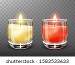 Candle in glass realistic vector illustration. Yellow and red burning candles with transparent clear glass jar isolated on transparent background. Elements for festive Christmas or romantic decor