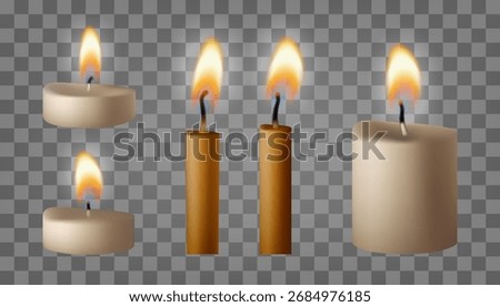 Candle gold flame set. Memorial, short tea light. Burning Bday or wedding fires, vector isolated illustration. 3d lit torch, transparent candlelight. Blow to extinguish wick, spa paraffin heat symbol