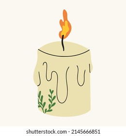 Candle with a green branch. The concept of coziness and home comfort. Flat design, hand drawn cartoon, vector illustration.