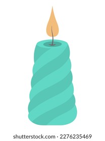 Candle green twisted. Ritual attribute tapering upwards. Burning orange flame. Color vector illustration. Isolated background. Flat style. Idea for web design, invitations, postcards