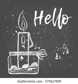 Candle. Hand drawing illustration with chalk on a blackboard. calligraphy