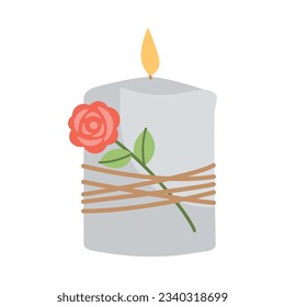 Candle with hand drawn red roses flowers. Vector illustration. Simple flat style.