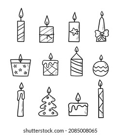 Candle hand drawn set. Doodle sketch. Vector linear burning candles on white background.
