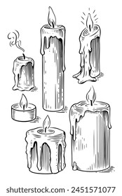 Candle hand drawn set. Engraving style