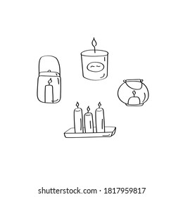 Juego dibujado a mano con velas. El interior es acogedor. Ilustración del vector del doodle lineal