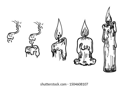 Candle hand drawn set. Vector burning candles sketch on white. Candle flame, burning candle, burnt candle.