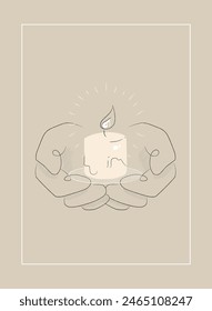 Candle in hands atmospheric concept in flat cartoon design. This illustration embodies minimalism with a beautiful metaphorical image of hands holding a candle in muted tones. Vector illustration.