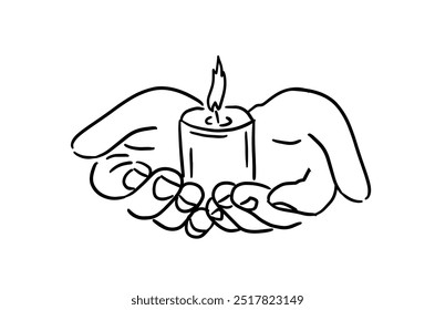 Candle in hands prayer. a religious symbol of faith in God. hand drawn. Not AI, Vector illustration.