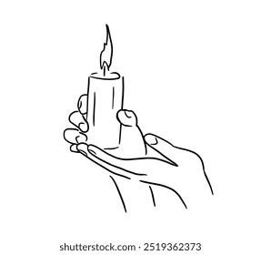 Vela en las manos de oración. un símbolo religioso de la fe en Dios. dibujado a mano. IA no, Ilustración vectorial.