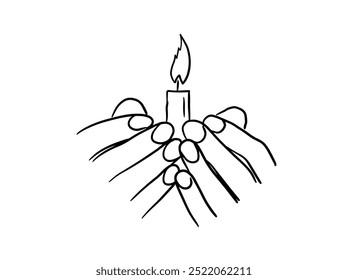 Vela en las manos de oración. un símbolo religioso de la fe en Dios. dibujado a mano. IA no, Ilustración vectorial.