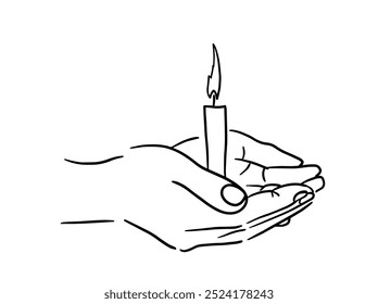 Vela en las manos de oración. un símbolo religioso de la fe en Dios. dibujado a mano. IA no, Ilustración vectorial.