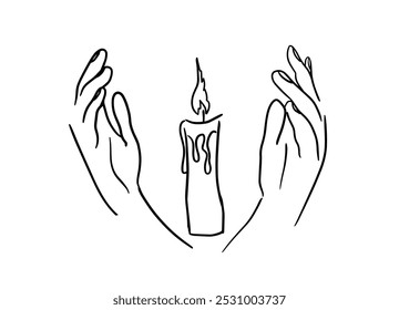 Vela en las manos de oración. un símbolo religioso de la fe en Dios. dibujado a mano. IA no, Ilustración vectorial.