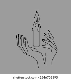 Vela en las manos de oración. un símbolo religioso de la fe en Dios. dibujado a mano. IA no, Ilustración vectorial.