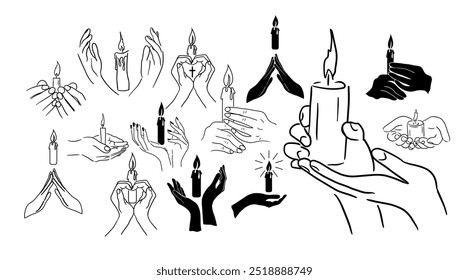 Vela en manos de oración. Conjunto de símbolos religiosos de fe en Dios. dibujado a mano. IA no, Ilustración vectorial.