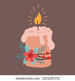 Candle with hearts and flower. Design element for greeting card, invitation, print, sticker. Cartoon greeting illustration for Christmas, Xmas, valentine's day, birthday and New Year.